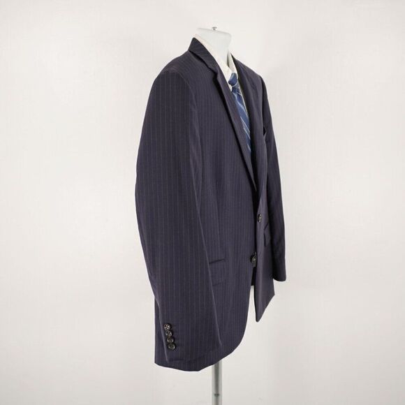 Stafford Super 100s Wool Blue Striped 2 Piece Suit 44R 37/33 Flat Front High Ris - Picture 11 of 16